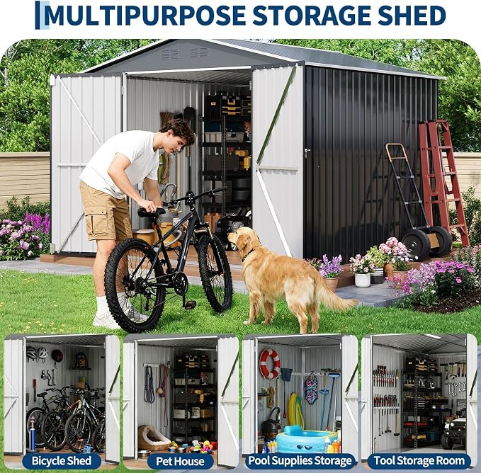 8x8 FT Metal Storage Shed, Outdoor Garden Tool Shed with Lockable Door and Air Vents, Steel Utility Storage for Backyard, Yard, Patio, Bike, Lawn Mower, Equipment
