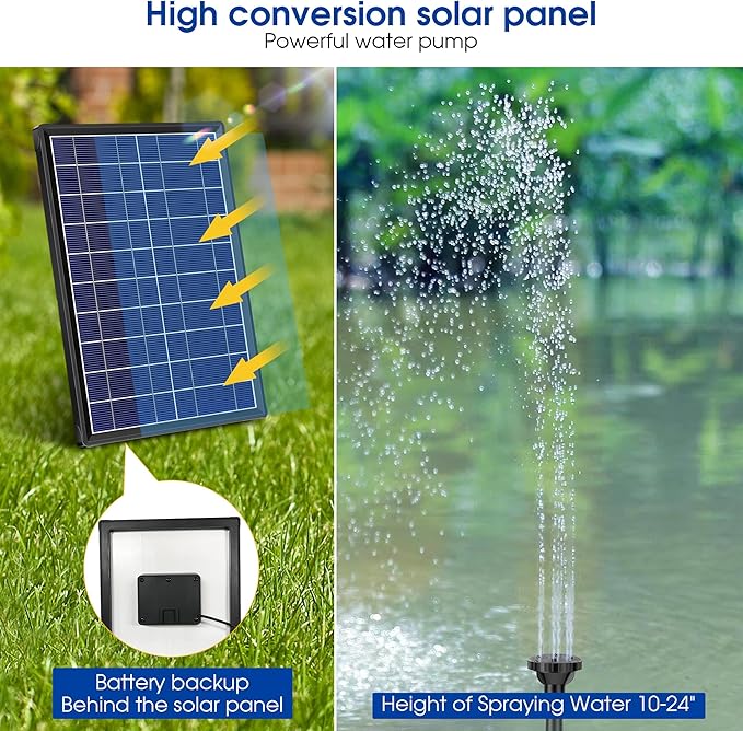 Biling 5.5W Solar Fountain for Bird Bath, DIY Solar Water Pump with 3000mAh Battery Backup Work All Day, 5ft Tubing 5 Nozzles for BirdBath, Small Pond, Fish Tank