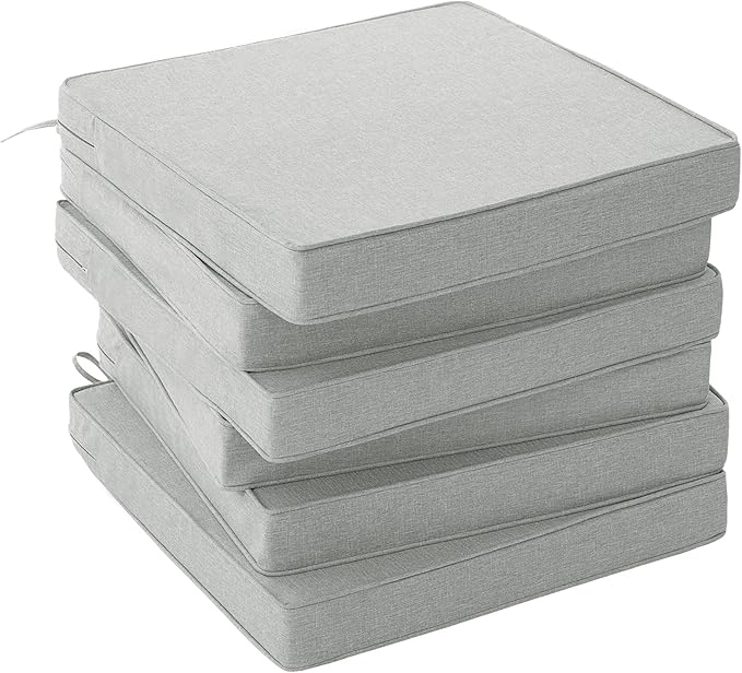 Outdoor Chair Cushions, Water-Resistant & Fade-Resistant, Patio Furniture Square Seat Replacement Chair Pads with Ties, Removable Cover, Non-Slip Bottom, Set of 6, 19 x 19 Inch, Light Grey