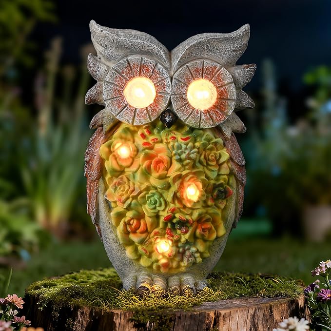 Solar owl Garden Statues Outdoor Decor, Resin Owl Figurine Decorations with Solar Light, Whimsical Owl Sculpture for Patio, Balcony, Yard, Lawn Ornament, Perfect Garden