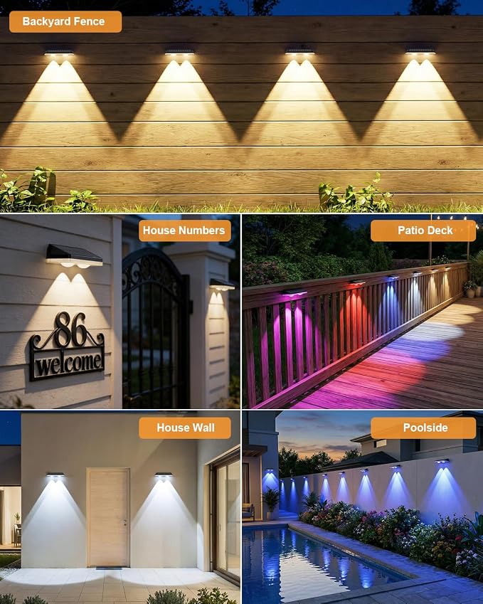 Solar Fence Lights Outdoor,3000/4500/6000K/RGB 13 Mode 16PACK Fence Lights Solar Powered High Brightness LED Lens IP65 Waterproof Solar Wall Light for Outside/Patio/Step/Backyard/Railing Pool/Deck