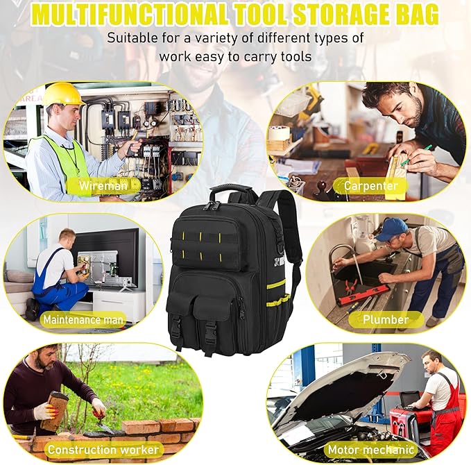 Tool Backpack for Men, Heavy Duty Tool Bag with Removable Tool Organizer, Durable Water-Resistant Work Backpack, Upgrade(Black & Yellow)