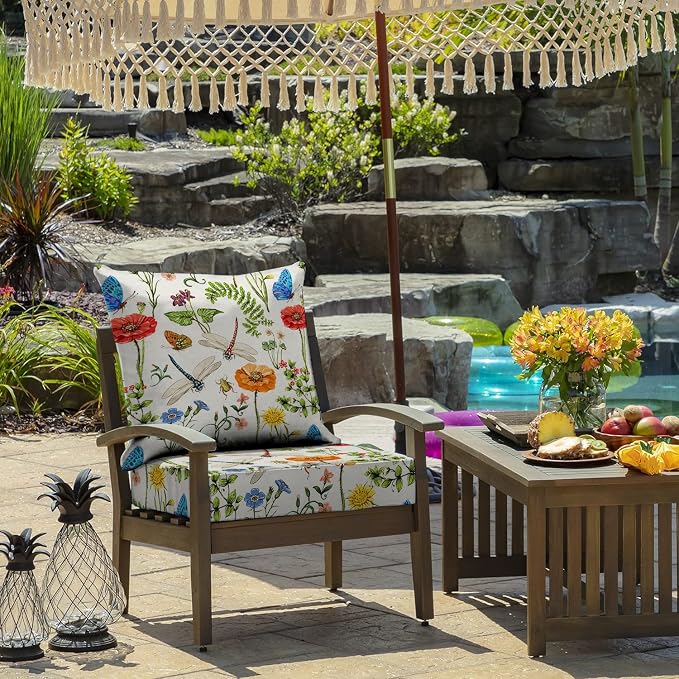 All Smiles 24x24 Outdoor Chair Cushions, 4 Inch Thick Deep Seat Patio Cushions for Chairs, UV Water Resistant Farmhouse Garden Cushions with Removable Back Cushion, Washable Deck Cushionsck