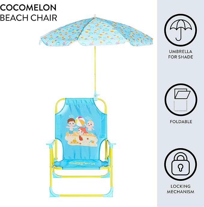 CoComelon Kids Folding Beach Chair with Umbrella – Outdoor Portable Chair for Ages 3+, Lightweight with Safety Lock, Perfect for Beach, Park, or Backyard