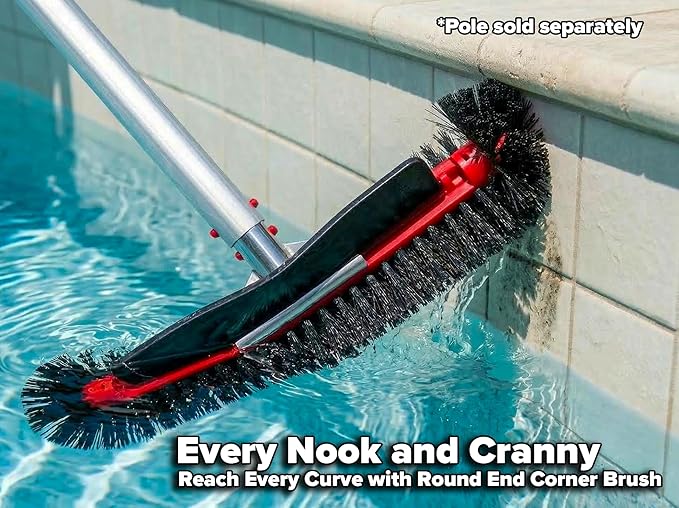 Pool Brush Head for Inground & Above Ground Pools // Heavy Duty Pool Scrubber Brush for Cleaning Algae, Walls & Floors // Swimming Pool Brush with Round Ends for Corners & Reinforced Aluminum Back