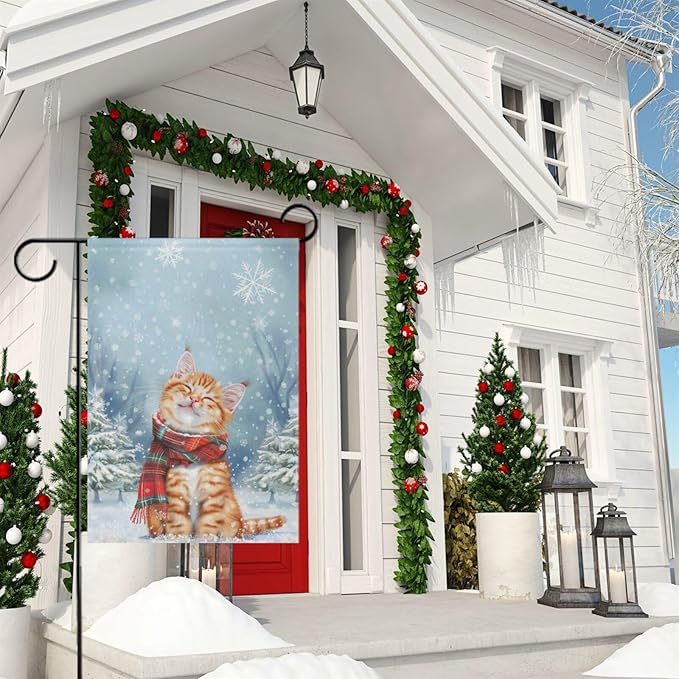 Pfrewn Christmas Winter House Flag 28x40 Double Sided Cute Cat Wearing Plaid Scarf Garden Yard Flags Welcome Winter Outdoor Indoor Banner for Party Home Merry Christmas Xmas Decorations