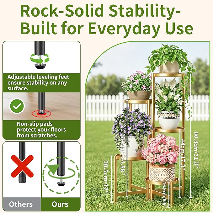 Tall Gold Plant Stand Indoor Outdoor, Corner Metal Flower Pot Stands for Multiple Plants, 5 Tiered Heavy Duty Plant Shelf for Patio Garden Balcony Living Room Bedroom - GoldDisk