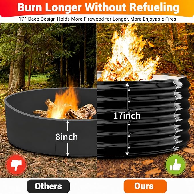 39 Inch Heavy Duty Fire Pit Ring for Outside, 17" Deep Wood Burning Fire Pit Insert for Backyard Fires, High Heat Resistant Galvanized Steel Firepit for Patio, Camping, Outdoor Fireplace & Bonfires
