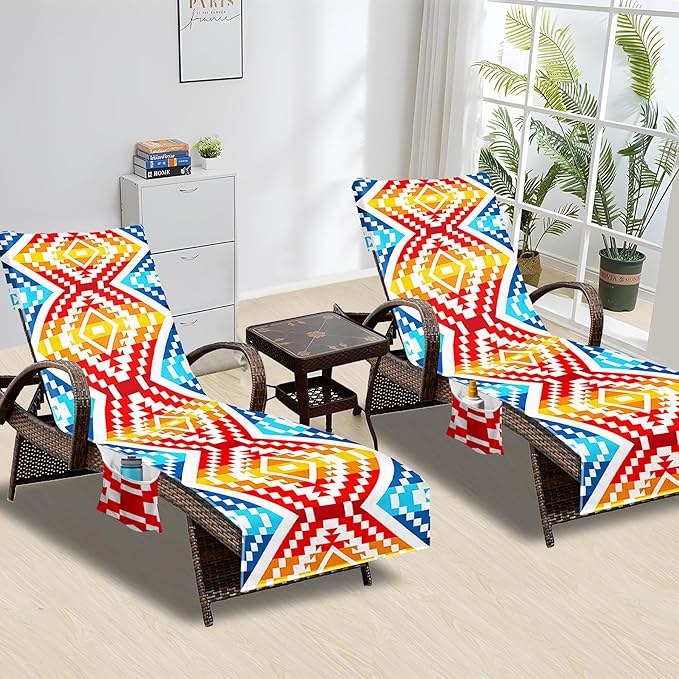 Lounge Chair Towel Cover, Beach Chair Cover (Pack of 2), Pool Lounge Chair Covers for Outdoor,Garden, Beach,Sun Lounger,Hotel Pool,Large Size and No Sliding, 85" X 30", Orange Red Rhombus
