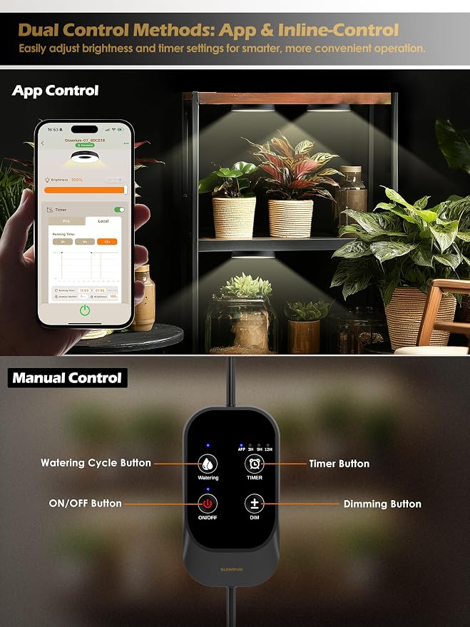 GLOWRIUM Grow Lights for Indoor Plants, 16W Smart Full Spectrum LED Grow Light, Auto Timer and Stepless Dimming,Plant Assistant with Watering Reminder,Modular Design (Black, 2 PCS)