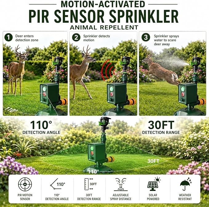 Solar Motion-Activated Animal Repellent Sprinkler for Lawn & Garden Water Spray Deterrent for Cats, Dogs, Deer, Squirrels & Skunks