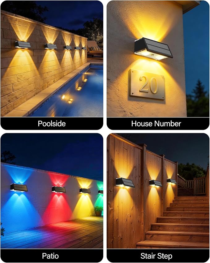 Solar Fence Lights Outdoor, 100LM Fence Lights Solar Powered Waterproof, 9 Color Modes, Up & Down LED Focused Beam, 12H Dusk to Dawn Glow for Pool/Patio/Wall/Backyard - 2 Pack, Black