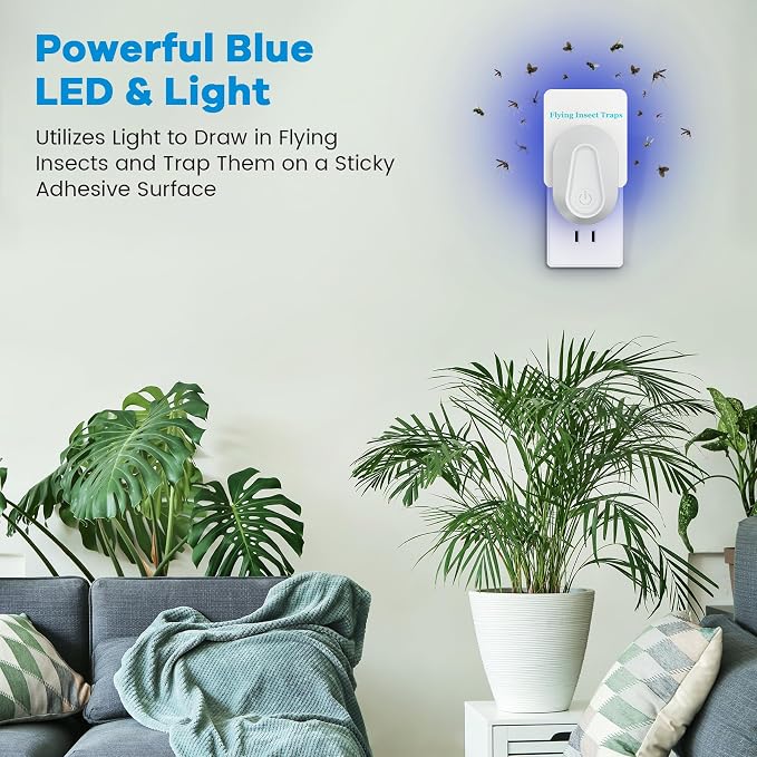 Indoor Fly Trap Fruit Fly and Gnat Trap with 2 Traps and 6 Sticky Refills Plug-in Device Flying Insect Catcher for Mosquitoes, Moths, and Household Flying Bugs (2, White)