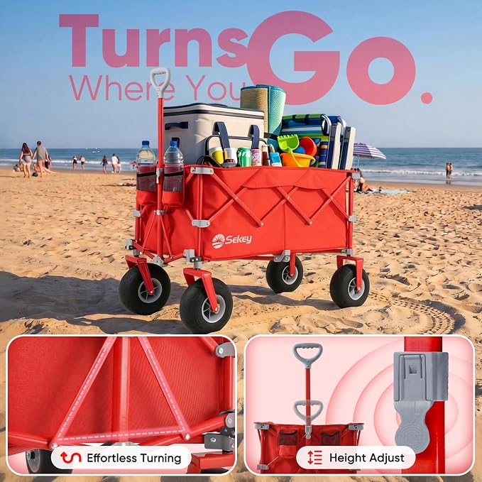 Sekey Heavy Duty Beach Wagon with 9" Big Sand-Proof Wheels – 600lb Capacity, 200L Oversized Foldable Cart | Adjustable Handle & All-Terrain Tires for Sand, Camping, Groceries