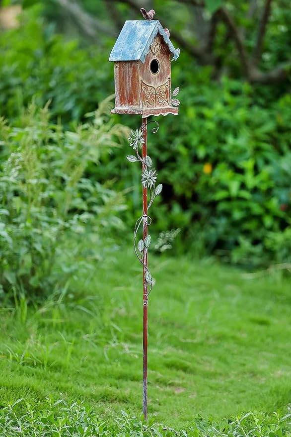 Baroque Cottage Bird House Stake for Outside with Pole, Distressed Metal Birdhouse Stand for Outdoor Garden,Purple