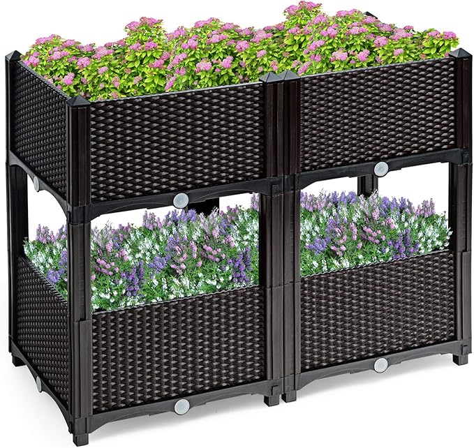 HAPPYGRILL Raised Garden Beds, Set of 4 Elevated Planter Boxes with Drain Holes & Removable Legs, Outdoor Raised Flower Bed for Patio Yard Balcony