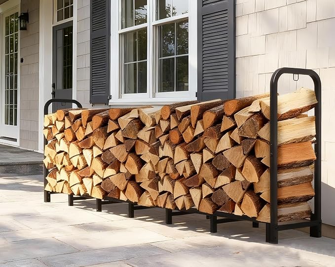 Firewood Rack Outdoor 8 FT - Adjustable Length (2.6-8ft), Holds 1/2 Face Cord Firewood, Heavy Duty Log Holder with 14 Support Legs for Backyard Fire Pit & Indoor Fireplace,Black