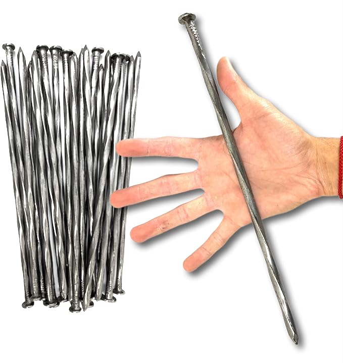 25-Pack Round Metal Landscape & Paver Edging Anchoring Stake, 12-Inch Length - Spiral Bright Spike Timber Nail, Tent Spikes, Camping, Trapping, Landscape, More (25)