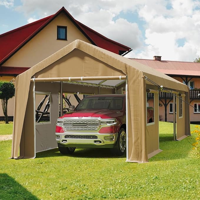 12x20FT Heavy Duty Carport Canopy 4 Roll-Up Doors & 4 Windows Portable Garage All-Season Outdoor Storage Shed for Car Truck Boat Shelter Party Tent, Yellow