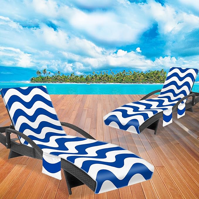 Lounge Chair Towel Cover, Chaise Lounge Cover (Pack of 2), Beach Chair Covers with 3 Pockets for Pool Sunbathing Beach Garden Courtyard Outdoor Trips, 85 x30 in, Wavy Striped Dark Blue