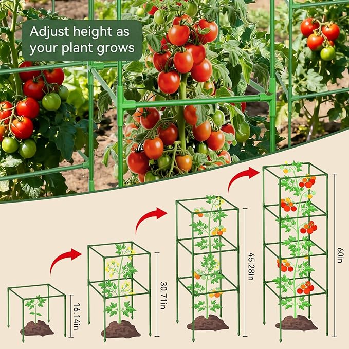 Halatool 2 Pack 60 Inches Square Tomato Cages for Garden, Heavy Duty Adjustable Metal Tomato Trellis for Climbing Plants – Green Plant Support Stakes for Vegetables Flowers Fruits & Raised Bed Outdoor