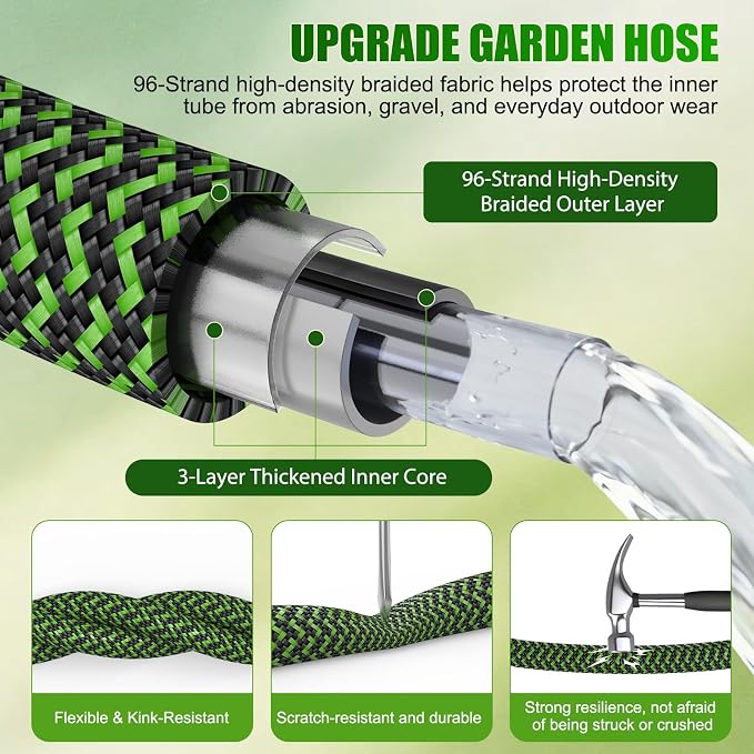 NON-EXPANDABLE Garden Hose 25ft x5/8'', Heavy Duty Flexible Water Hose with 10-Function Sprayer, Lightweight, Leak Proof, Durable Fabric Skin, Pressure Resistant for Yard, Outdoor