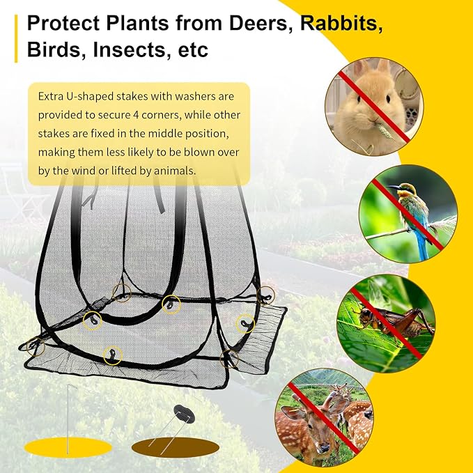 2 Pack Pop Up Plant Protectors, 28x28x32 Inch Mesh Plant Covers from Animals, Garden Netting Tent Cage with Stakes to Guard Vegetables & Flowers from Birds, Rabbits, Insects