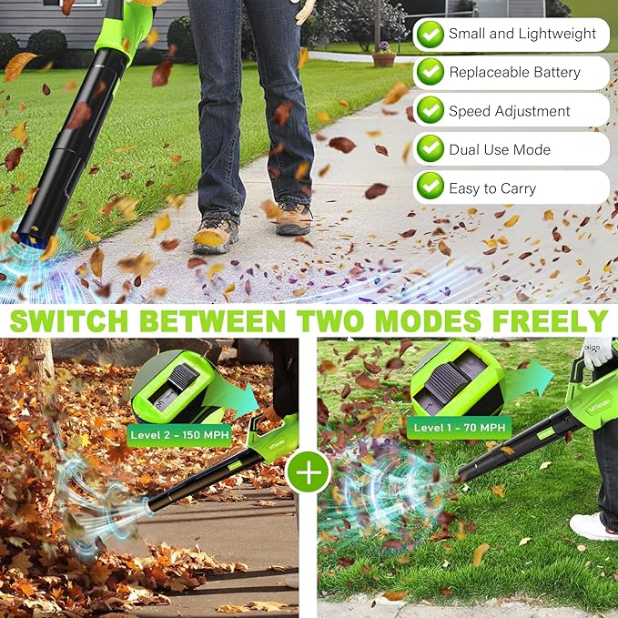 2026 Upgrade Leaf Blower, Leaf Blower Cordless with 2 * 2.6AH Batteries and Fast Charger, 450CFM &150MPH and 2 Speed Mode, Lightweight Electric Leaf Blowers for Lawn, Yard, Leaves, Dust Care (Green)