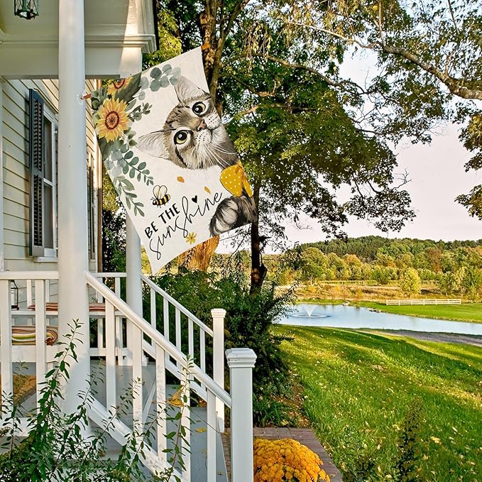Summer Cat House Flags for Outdoor,Be The Sunshine Cat with Sunflowers Yard Flags for Outside,Spring Seasonal Decorative Flag for Farmhouse Holiday Decoration 28x40 Inch Double Sided