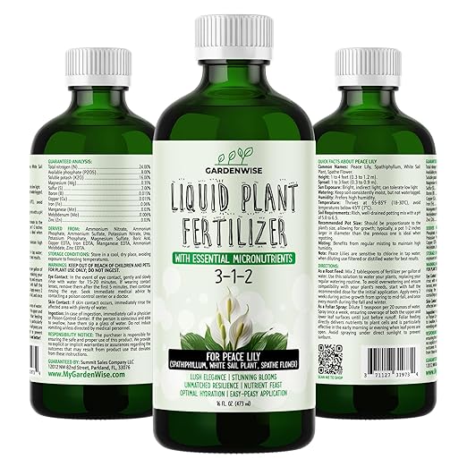 GARDENWISE Peace Lily Fertilizer: 3-1-2 Liquid Fertilizer with Essential Micronutrients - The Ultimate Food for Spathiphyllum, Perfect for Indoor Plants (16 OZ)