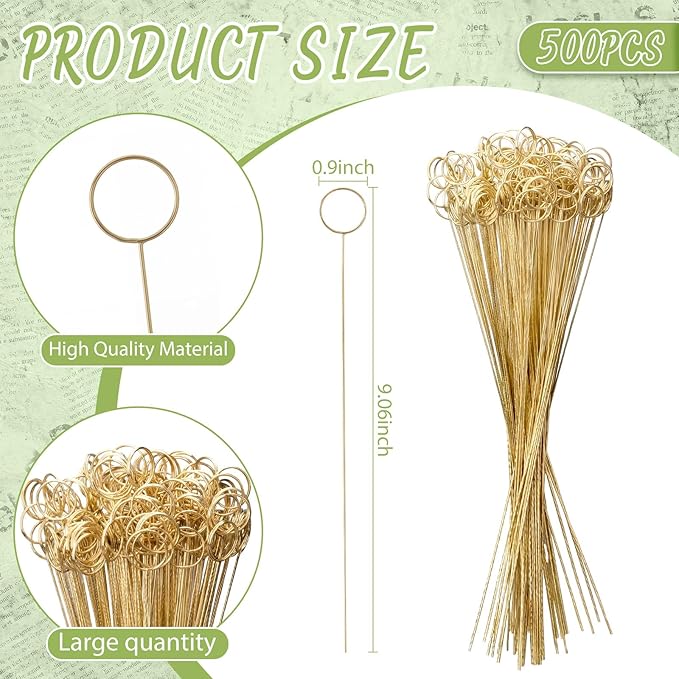 Patelai 500 Pcs 12'' Golden Ring Loop Round Shape Card Holders Floral Picks Clips for Wedding & Flower Arrangements, DIY Craft Wire Clip Table Card Holders Note Photo Picture Memo Holder Cake Topper