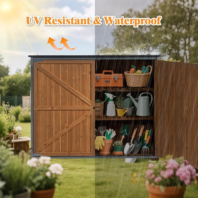 YOPTO Outdoor Wood Storage Cabinet,Garden Shed Tool with Metal Frame Structure and Waterproof Sloping Roof,Backyard Building w/ 3 Compartments & Latch,Furniture for Lawn,50.4"L X 26.8"W X 41"H,Brown
