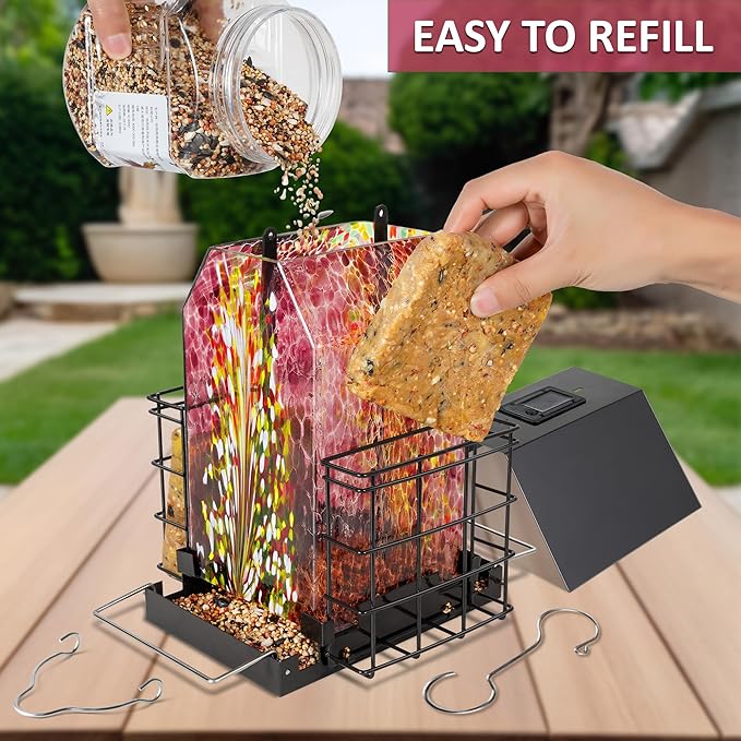 LUJII Solar Bird Feeder for Outdoor Hanging, 2 Suet Cake Cages, Hand-Blown Glass Container, Metal Roof, All-Weather Design for Woodpeckers, Purple