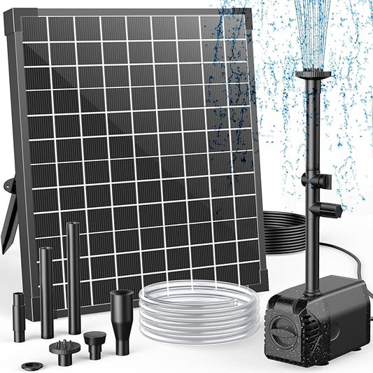 Antfraer 25W Solar Fountain Pump, 320 GPH Solar Pond Pump with 4 Nozzles, Adjustable Flow & 6.6ft Tubing, Solar Water Fountain Pump for Garden, Fish Tank, Backyard