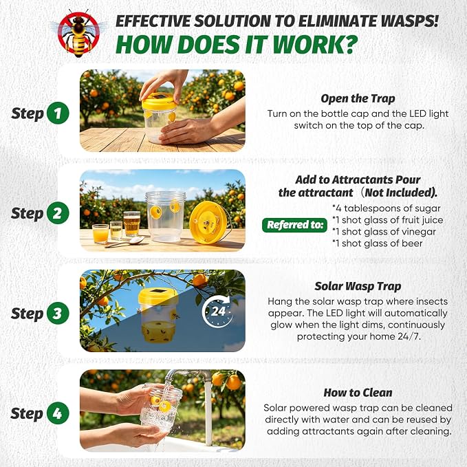 Wasp Traps Outdoor Hanging, Solar Wasp Trap for Hunting Wasps, Bees, Hornets, Insects, Carpenter Bee Traps for Outside, Reusable Wasp Traps, Bee Killer and Wasp Catcher for Outside 4 Pack