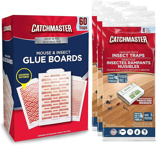 Catchmaster Pro Strength Mouse & Crawling Insect Glue Trap Set, 60-Pack & 12-Pack Sticky Pest Control Adhesive for Catching Bugs, Rats & Rodents