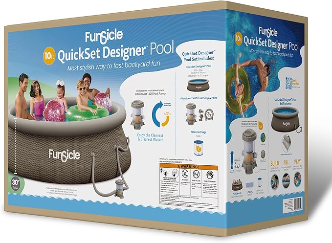 Funsicle Quickset Designer 10' x 30" Round Above Ground Swimming Pool, with FiltraBoost 400 GPH Filter Pump, Type I Filter Cartridge & Repair Patch, Triple Basketweave Print