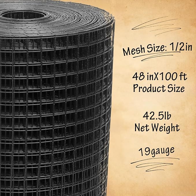 Black Hardware Cloth 1/2inx48inx100ft, Chicken Wire Fencing, 19Gauge, PVC Coated Chicken Wire, Hardware Cloth, Perfect for Chicken Wire Mesh, Rodent Mesh, Tree Guard, Chicken Coop