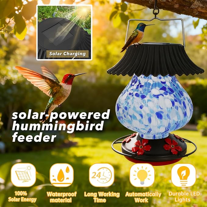 Solar Hummingbird Feeder-5 Feeding Ports with Perch, Hand Blown Glass Blue White Color Changing - Never Leak, Multicolor Night Lights – Perfect Hummingbird Feeder for Outdoors for Nature Enthusiasts
