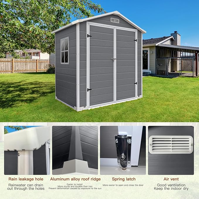 YOPTO 6x4 FT Plastic Storage Shed,Outdoor Storage Shed with Floor and Lockable Door,Waterproof Garden Shed W/Windows & Vents,Sloped Roof,Tool House for Storing Bicycles,Lawnmowers,Gray