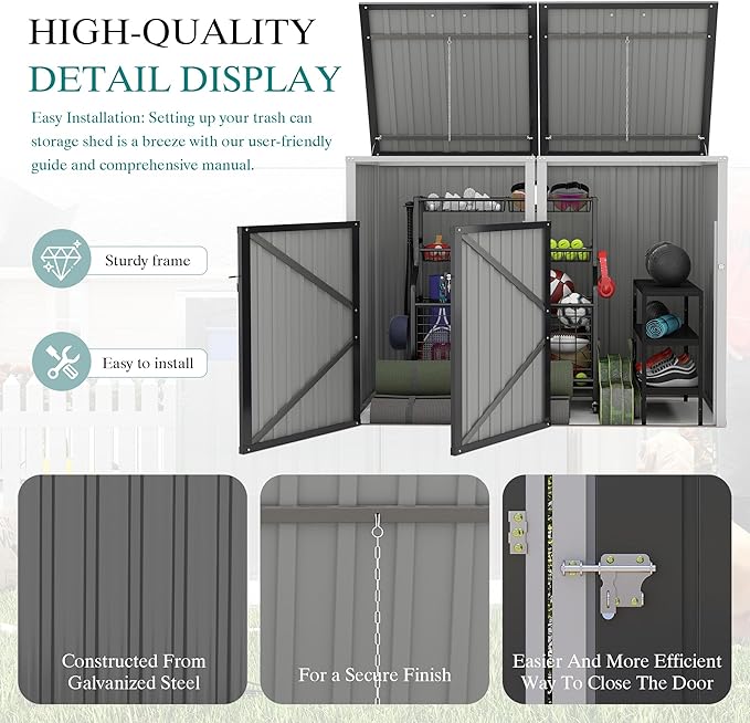 KEIKI 54 Cu.Ft Outdoor Trash Can Storage Shed for 2 Bins, Galvanized Metal Garbage Bin Enclosure with Hydraulic Lid & Dual Chain Design, Weather-Resistant, Dark Gray