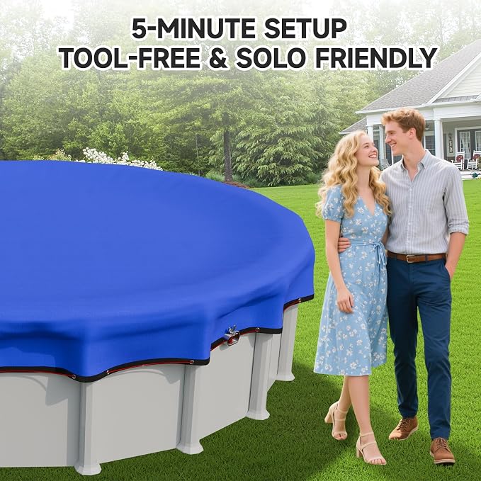 [Ultra Thick] 28FT Round Winter Pool Covers for Above Ground Pool Covers Easy Install 195GSM 500D,UV & Tear Resistant, Upgraded Heavy-Duty Winch, Reinforced Edges,Extra 4Ft Overlap