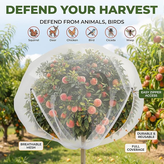 SATINIOR 2 Pcs 15x15ft Large Fruit Tree Netting with Double Zipper Drawstring Bird Netting Fruit Tree Covers Garden Plant for Squirrels Birds Deer Bugs Cherry Blueberry Peach Apple Trees