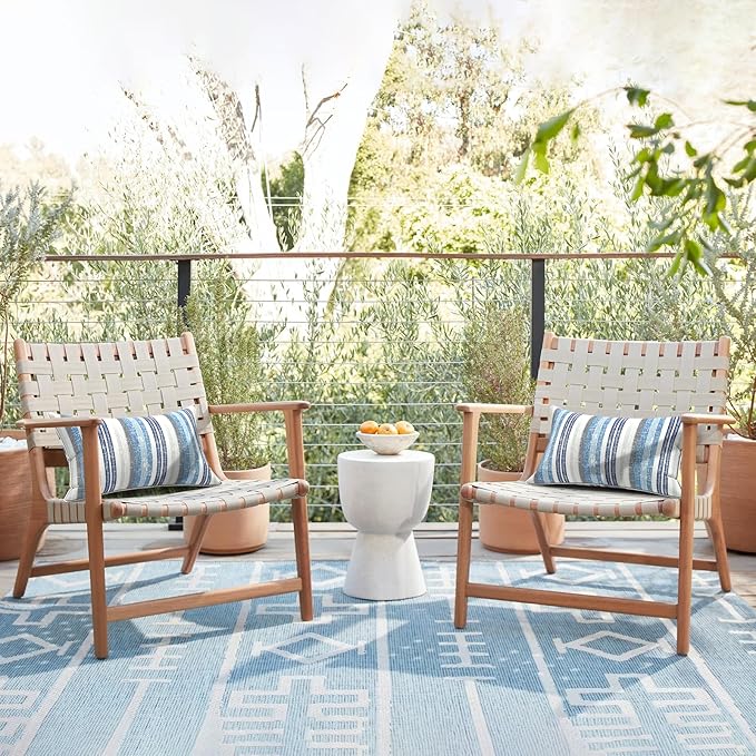 LVTXIII 2 Pack Outdoor Lumbar Pillow Covers 12x20 Inch with Piping, Water-Repellent Back Cushion Covers ONLY for Patio Furniture, Sofa, Garden Bench, Stripe Layered Blue
