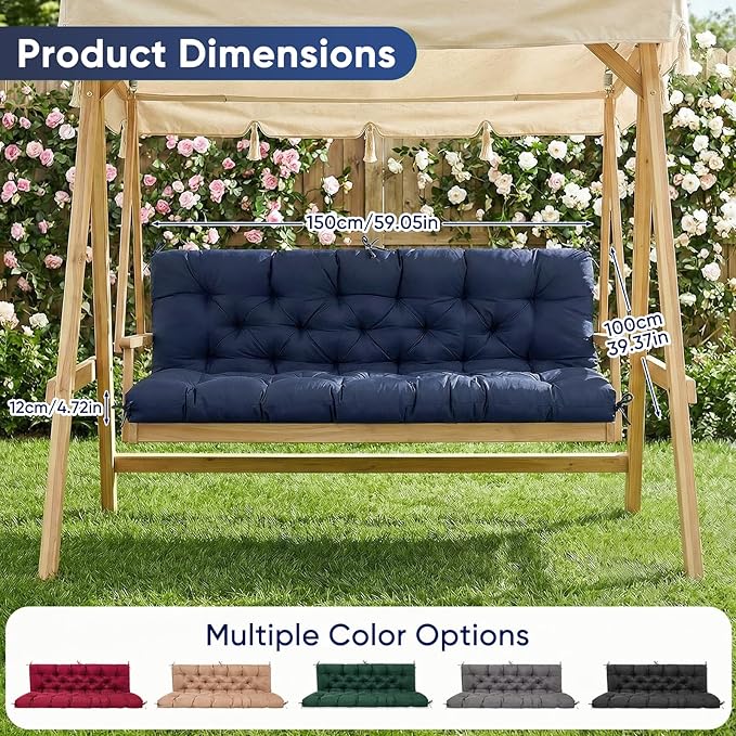 Porch Swing Cushions 60 Inch Waterproof,2 3-Seater Replacement for Outdoor Furniture with Backrest and Straps, Thick 4" Swing Seat Bench Cushion for Loveseat Glider Bench Patio Lawn Backyard