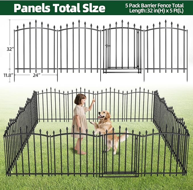 5 Panels，No Dig Edging Decorative Garden Fence，32 in （H） x 24 in（L），Metal Rustproof Panel，Outdoor Dog Fence，Animal Isolation Fence Suitable for Gardens，Roman Column Black with Gate
