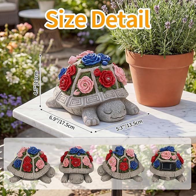 Solar Garden Outdoor Decor Turtle Statue with Colorful Roses & 7 LED Lights – Outside Tortoise Decor for Yard Patio Balcony & Backyard - Home House Decoration Art- Gift for Women Mom Grandma