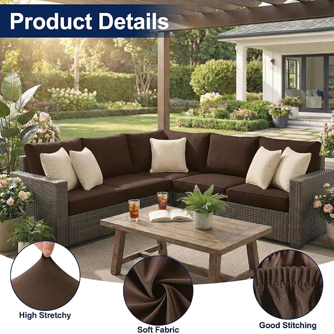 Smiry Waterproof Patio Cushion Covers, Stretch Outdoor Couch Slipcovers Replacement Washable Furniture Protector Sofa Chair Seat Cover for Dogs and Pets (14 Pcs, Coffee)