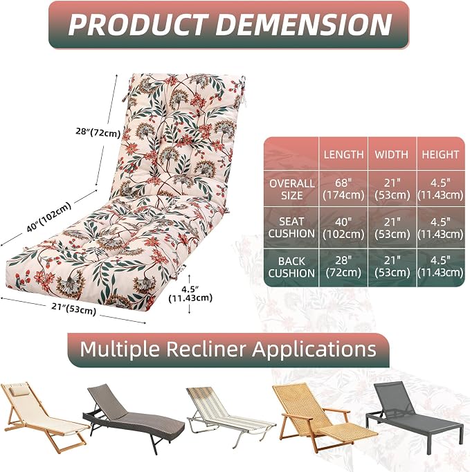 Patio Chaise Lounge Cushions, 68"x21"x4.5" Waterproof Replacement Beach Pool Lawn Outdoor Lounge Chair Cushion with Pocket, Non-Slip Bottom & Secure Ties for Outdoor Furniture, Flower Red