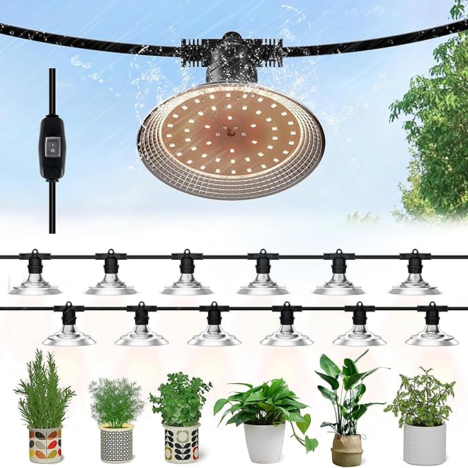 Outdoor LED Grow Light, Waterproof String Plant Growing Light, 41 FT Full Spectrum Growth Light, Suitable for Garden, Farm, Flower, Seedling Greenhouse Grow Light (12 Light)